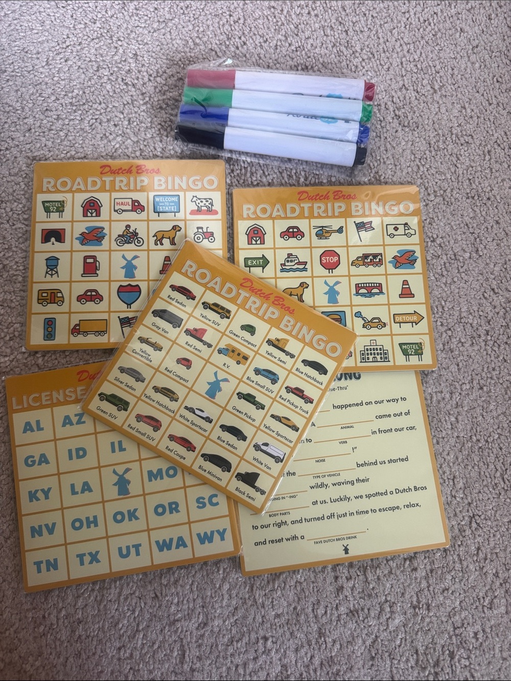 Dutch Bros Yellow Roadtrip Bingo Game Set with Colored Markers